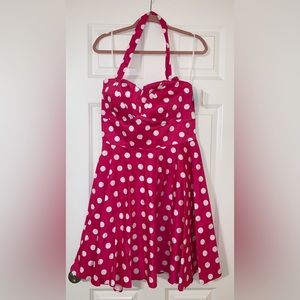 Hot Pink Polka Dot print halter fit and flare dress by Ixia